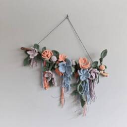 Macrame Sculptural Floral Bohemian Wall Hanging Tapestry, 3D Boho Wedding Decor, Coral, Blue, Green, Silver Flowers & Leaves Art - thumbnail 2