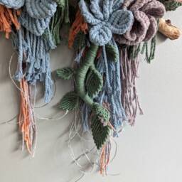 Macrame Sculptural Floral Bohemian Wall Hanging Tapestry, 3D Boho Wedding Decor, Coral, Blue, Green, Silver Flowers & Leaves Art - thumbnail 4