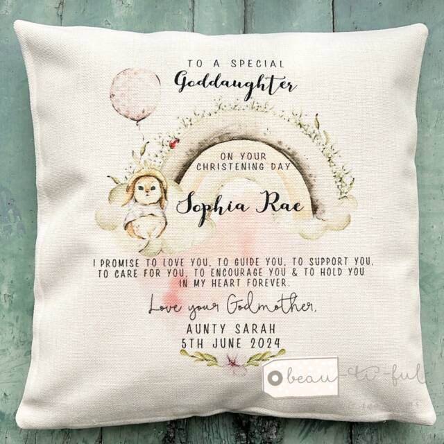 Personalised Christening Baptism Gift Promise To Godchild Godson Goddaughter Rabbit Rainbow Linen Style Cushion Godparent Godmother - image 1