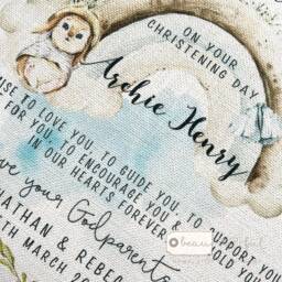 Personalised Christening Baptism Gift Promise To Godchild Godson Goddaughter Rabbit Rainbow Linen Style Cushion Godparent Godmother - thumbnail 4