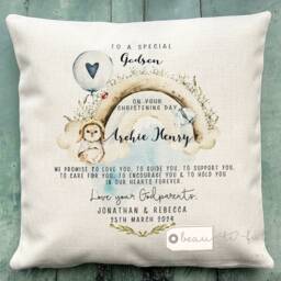 Personalised Christening Baptism Gift Promise To Godchild Godson Goddaughter Rabbit Rainbow Linen Style Cushion Godparent Godmother - thumbnail 3