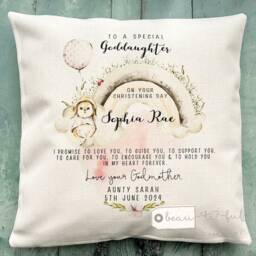 Personalised Christening Baptism Gift Promise To Godchild Godson Goddaughter Rabbit Rainbow Linen Style Cushion Godparent Godmother - thumbnail 1