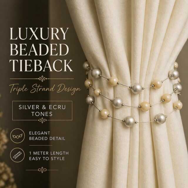 Luxury Curtain Tieback Triple Strand - Silver Ecru Beaded Holdback Metallic Ball Drapery Tie Back Elegant Window Decor 1 Meter - image 1