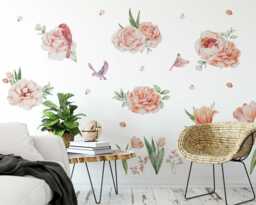 Watercolor Peony Wall Sticker - Birds & Floral Home Decor Nature-Inspired Art For Bedroom, Living Room, Or Office