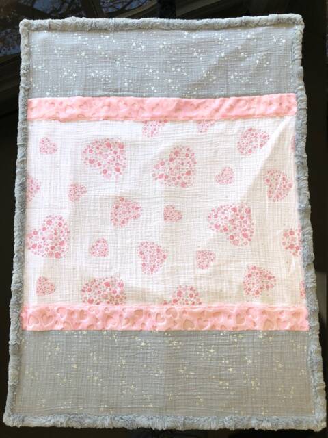 Handmade Modern Baby Minky Blanket Gray With Pink Hearts Plus 4 Bibs - image 1