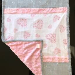 Handmade Modern Baby Minky Blanket Gray With Pink Hearts Plus 4 Bibs - thumbnail 2