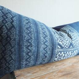Hand Woven Pillow Case 16 X 32 Lumbar Vintage Indigonavy Blue Batik Hemp Striped Farmhouse Woven Cushion Cover Hmong, Bolster - thumbnail 2