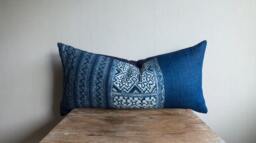 Hand Woven Pillow Case 16 X 32 Lumbar Vintage Indigonavy Blue Batik Hemp Striped Farmhouse Woven Cushion Cover Hmong, Bolster - thumbnail 1