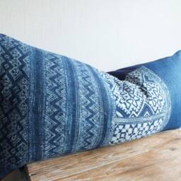 Hand Woven Pillow Case 16 X 32 Lumbar Vintage Indigonavy Blue Batik Hemp Striped Farmhouse Woven Cushion Cover Hmong, Bolster - thumbnail 3