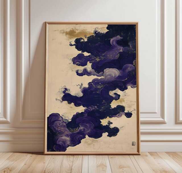 Purple Cloud Art Poster, Abstract Japanese Style Painting, Mystical Wall Decor, Elegant Swirls, Modern Home - image 1