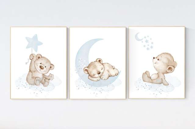 Teddy Bear Nursery Print Blue Baby Boy Decor - image 1