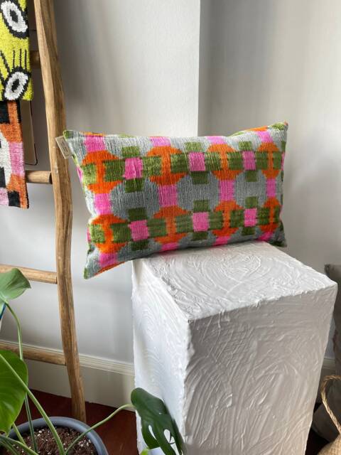 Handwoven Silk Velvet Ikat Lumbar Pillow Green Pink Orange Floral, 12x20 - image 1