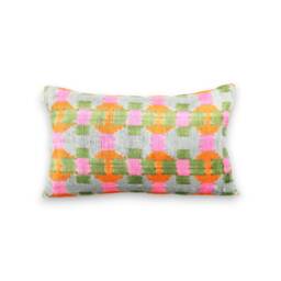 Handwoven Silk Velvet Ikat Lumbar Pillow Green Pink Orange Floral, 12x20 - thumbnail 2