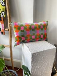 Handwoven Silk Velvet Ikat Lumbar Pillow Green Pink Orange Floral, 12x20 - thumbnail 1