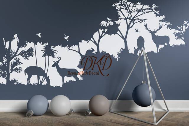 Deer Family Nursery Wall Decal, Woodland Forest, Birds Silhouette - image 1