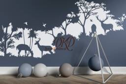 Deer Family Nursery Wall Decal, Woodland Forest, Birds Silhouette - thumbnail 1