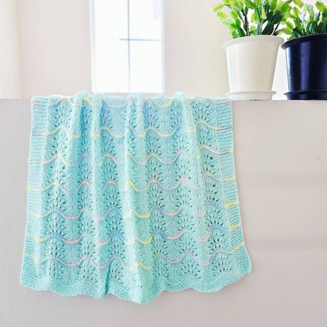 New Handmade Pastel Green Knit Crochet Baby Afghan Blanket Throw Newborn Infant Wave Trim Mint Aqua - image 1