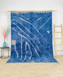 Moroccan Blue Berber Rug, Authentic Beni Ourain Carpet, Large 9x12 Area Handwoven Wool Shag Rug With Abstract Lines