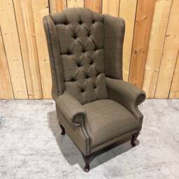 Sage Green Tweed Wool Fabric Chesterfield High Back Wing Chair, British Handmade - thumbnail 2