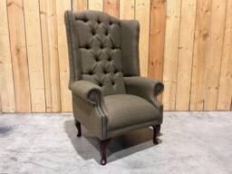 Sage Green Tweed Wool Fabric Chesterfield High Back Wing Chair, British Handmade - thumbnail 1