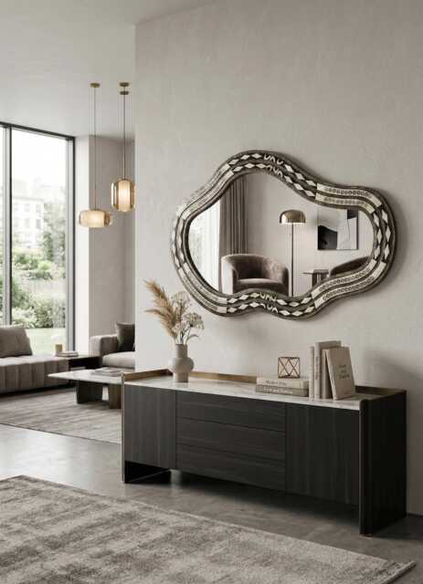 Asymmetrical Mirror - Handmade Cow Bone Inlay Wall - image 1