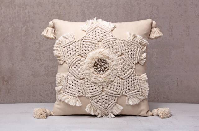 Off-White Cotton Macrame Bohemian, Bali Style Pillow Cover, Decorative Handmade Throw Cover, Embroidered Cover Wlcc033 - image 1