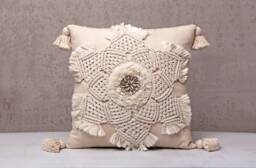 Off White Macrame Pillow Cover, Boho Cotton Cushion Cover With Shells, Handmade Bali Decor