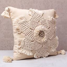 Off-White Cotton Macrame Bohemian, Bali Style Pillow Cover, Decorative Handmade Throw Cover, Embroidered Cover Wlcc033 - thumbnail 3