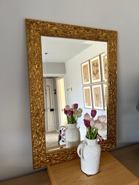 Handmade Ornate Gold Mirror, Wavy Beveled Wood Frame - image 1