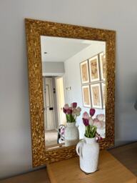 Handmade Ornate Gold Mirror, Wavy Beveled Wood Frame - thumbnail 1