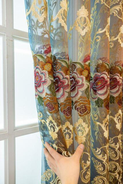 Custom Sheer Curtains Panel Featuring Gold Damask & Floral Embroidery For Living Room - image 1