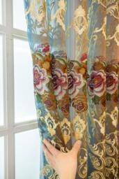 Custom Sheer Curtains Panel Featuring Gold Damask & Floral Embroidery For Living Room - thumbnail 1