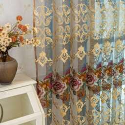 Custom Sheer Curtains Panel Featuring Gold Damask & Floral Embroidery For Living Room - thumbnail 2