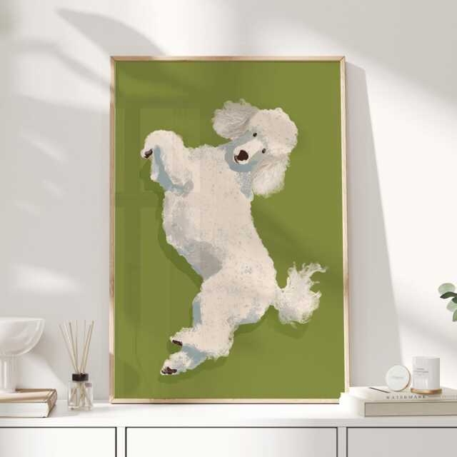 Playful White Poodle Art Print, Elegant Dog Illustration, Green Wall For Living Room Or Hallway - image 1