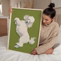 Playful White Poodle Art Print, Elegant Dog Illustration, Green Wall For Living Room Or Hallway - thumbnail 3