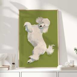 Playful White Poodle Art Print, Elegant Dog Illustration, Green Wall For Living Room Or Hallway - thumbnail 1