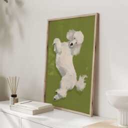 Playful White Poodle Art Print, Elegant Dog Illustration, Green Wall For Living Room Or Hallway - thumbnail 2
