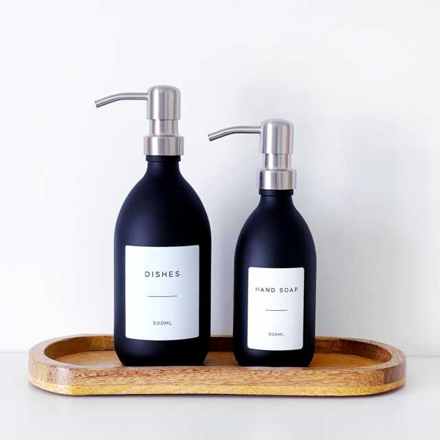 Matt Black Glass Soap Dispenser Bottle - Silver Metal Pump Waterproof Personalised Label Kitchen & Bathroom - image 1