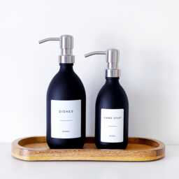 Matt Black Glass Soap Dispenser Bottle - Silver Metal Pump Waterproof Personalised Label Kitchen & Bathroom - thumbnail 1
