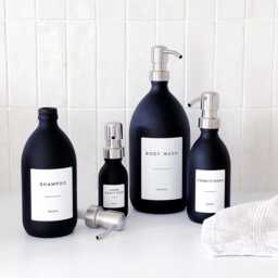 Matt Black Glass Soap Dispenser Bottle - Silver Metal Pump Waterproof Personalised Label Kitchen & Bathroom - thumbnail 4