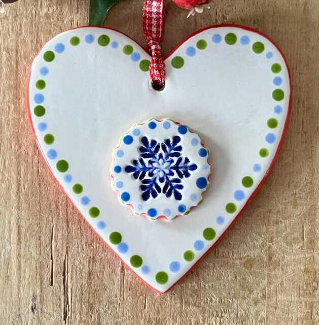 Handmade Ceramic Snowflake Heart Ornament Country Christmas Decor - image 1