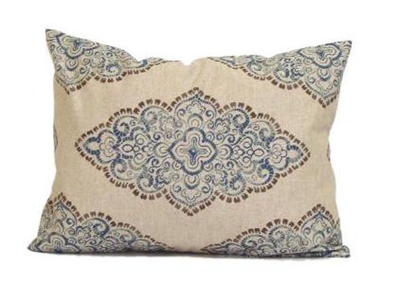 Blue Pillow Cover Sale, Tan Lumbar For A 12x16 Or 12x18 12x20 Pillow, Damask - image 1