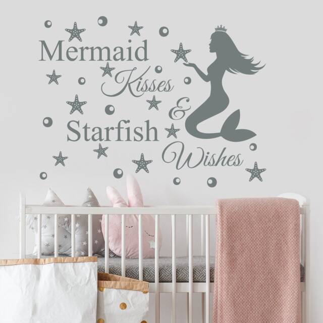 Quote Wall Decals Mermaid Kisses & Starfish Wishes Decal Nautical Nursery Decor Sticker Girls Room Kids J831 - image 1