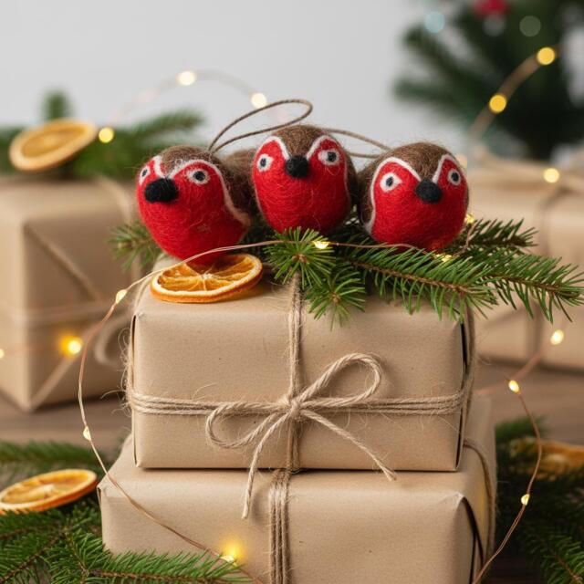 Baby Red Robins Christmas Ornament - Set Of 3 - Needle Felted - image 1