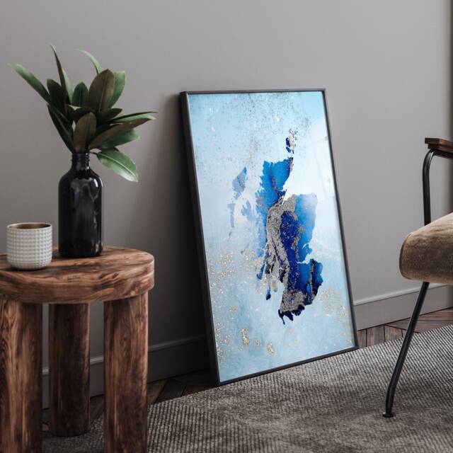 Scotland Map Shades Of Blue & Silver Wall Art Print - image 1