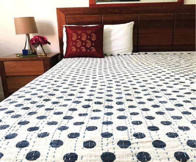 Indian Cotton Polka Dot Handmade Kantha Quilt Pure Cotton Blanket Bedcover Kantha Bedspread Size Multi - image 1