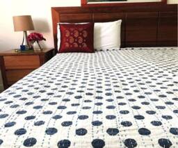 Indian Cotton Polka Dot Handmade Kantha Quilt Pure Cotton Blanket Bedcover Kantha Bedspread Size Multi - thumbnail 1