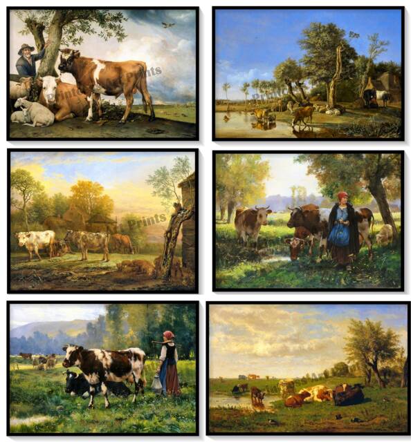 1800S Cattle Art Prints, Set Of 6, Bovine & Shepherdess Scenes - image 1
