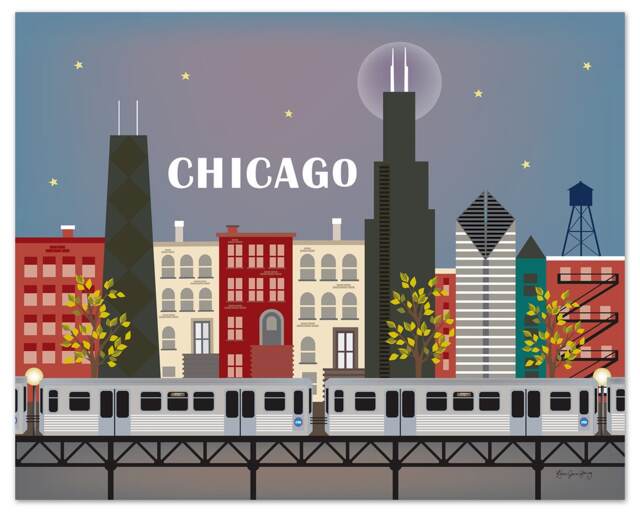 Chicago Skyline Art Print, Wall Art, Retro Poster, Brown Line Horizontal City Print Gift, Style E8-O-Chi5 - image 1