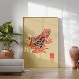 Red Blue Frog Poster - Linocut Folk Animal Illustration Graphic Nature Wall Art - thumbnail 3